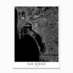 San Diego Black And White Map Canvas Print