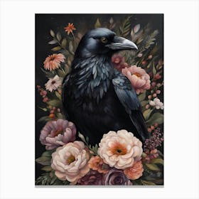 Crow with Flowers Moody Style Canvas Print