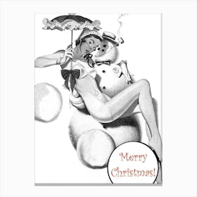 Pinup Girl Sitting On A Happy Snowman Canvas Print