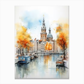 Amsterdam, Netherlands In Autumn Fall, Watercolour 1 Canvas Print