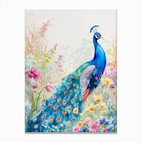 Peacock In A Floral Meadow Watercolour 2 Canvas Print