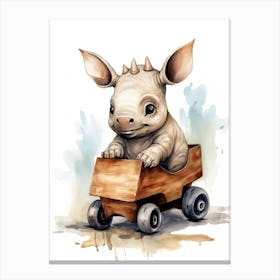 Baby Rhino On A Toy Car, Watercolour Nursery 0 Canvas Print