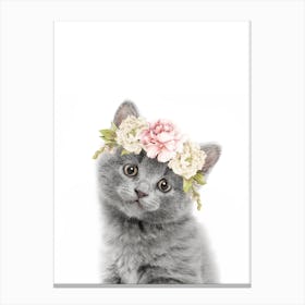 Peekaboo Floral Grey Kitten Canvas Print