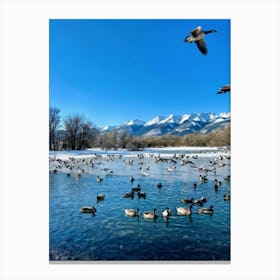 A Detailed Wildlife Scene Featuring A Flock Of Wild Geese Interspersed With Ducks In A Chilly Winter 2 Canvas Print