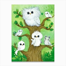 Whimsical Illustration Of A Group Of Friendly Griffon Like Creatures With Fluffy White And Grey Pl Canvas Print