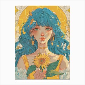 Blue Haired Girl With Sunflower Canvas Print