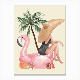 Seaside Pink Flamingo Beach Girl Canvas Print