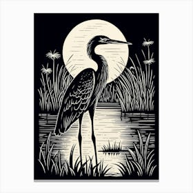 B&W Bird Linocut Great Blue Heron 6 Canvas Print