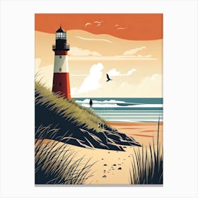 North Germany, Sunset And Lighthouse - Retro Landscape Beach and Coastal Theme Travel Poster Canvas Print