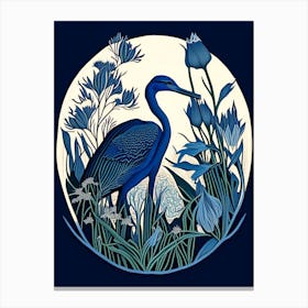 Blue Heron With Flowers Vintage Linocut 1 Canvas Print