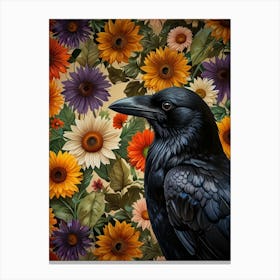 Crow On Sunflowers Canvas Print