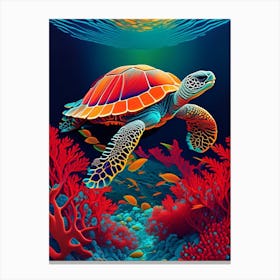 A Single Sea Turtle In Coral Reef, Sea Turtle Primary Colours 2 Canvas Print