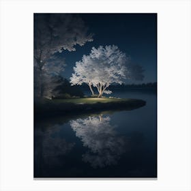 White Mysterious Trees Along The Lakeshore At Night Canvas Print