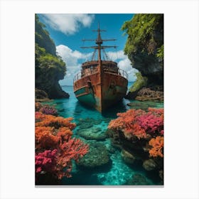 An Old Boat Is Anchored At The Coral Reef Canvas Print