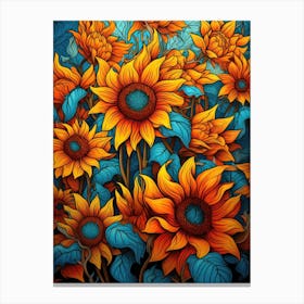 Sunflowers On A Blue Background Canvas Print