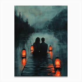 Couple On A Dock At Night, Romantic Monochrome Charcoal style Canvas Print