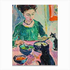 Portrait Of A Girl With Cats Eating Ramen 1 Canvas Print
