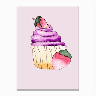 Purple Cupcake And Strawberry Canvas Print