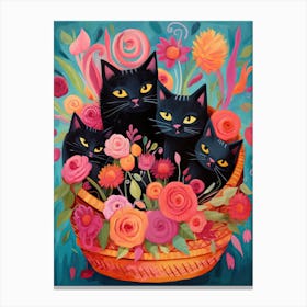 Black Kittens In A Basket Kitsch 3 Canvas Print