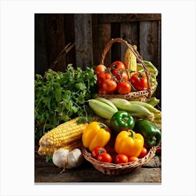 Assorted Vegetables And Fruits From A Fresh Farm Harvest Arranged In A Rustic Wicker Basket Overfl 2 1 Canvas Print