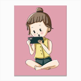 Girl Using Mobile Phone Canvas Print