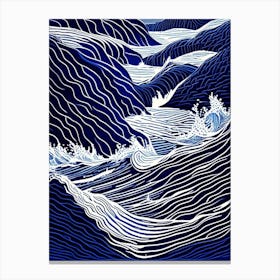 Rushing Water In Deep Blue Sea Water Waterscape Linocut 2 Canvas Print