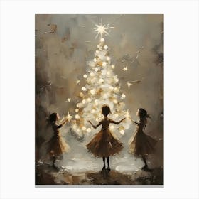 Three Girls Dancing Around A Christmas Tree Canvas Print