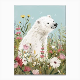 Polar Bear Cub In A Field Of Flowers Storybook Illustration 1 Canvas Print