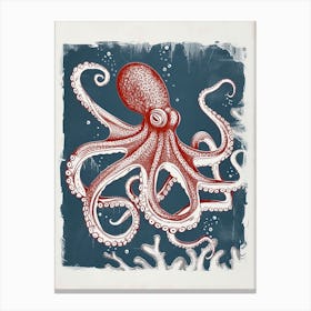 Octopus In Ocean Blue Linocut Background 4 Canvas Print