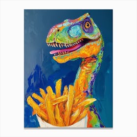 Dinosaur Eating Fries Blue Background Canvas Print