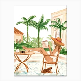 Woman Reading A Book At The Pool Canvas Print