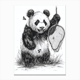 Giant Panda Cub Playing With A Butterfly Net Ink Illustration 2 Canvas Print