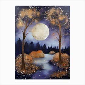 Cosmic Fall Night،
An ethereal boho painting that captures the beauty of a fall night sky. The background is a deep navy, speckled with tiny stars, while the foreground features silhouettes of autumn trees in shades of charcoal and dark olive. The moon is painted in a glowing silver, surrounded by soft wisps of mist in pale gold and lavender.
.4 Canvas Print