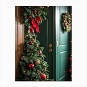 Extreme Close Up Photo Of A Festive Room Shelf Adorned With Lush Christmas Wreaths Positioned To Th Canvas Print