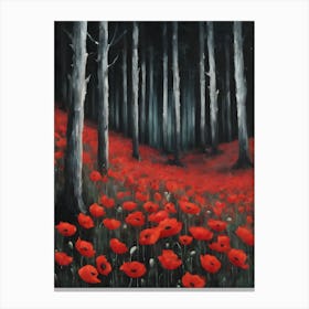 Darkling Red Poppy Woods at Night ~ Dark Aesthetic Spooky Creepy Beautiful Forest Painting by Sarah Valentine Canvas Print