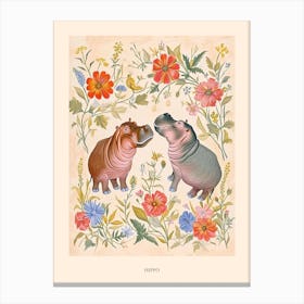 Folksy Floral Animal Drawing Hippo 2 Poster Canvas Print