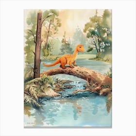 Storybook Style Dinosaur Crossing The River With A Log Painting 1 Canvas Print
