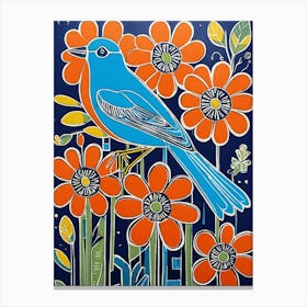 Blue Bird In Orange Flowers Canvas Print