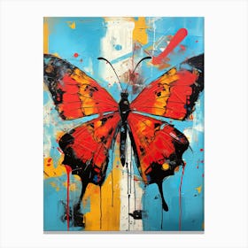 Red Butterfly on blue background in Basquiat's Style Canvas Print