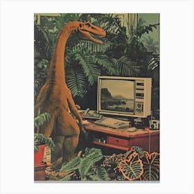 Dinosaur At A Computer Retro Collage 1 Canvas Print