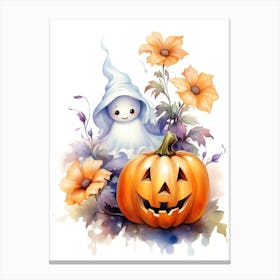 Cute Ghost With Pumpkins Halloween Watercolour 48 Canvas Print