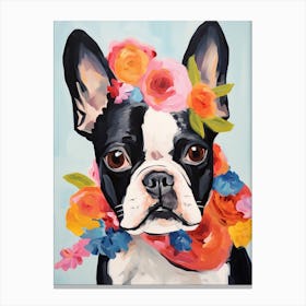 Boston Terrier Portrait With A Flower Crown, Matisse Painting Style 3 Canvas Print