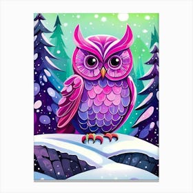 Pink Owl Snowy Landscape Painting (70) Canvas Print