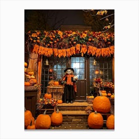 Autumn Decor Layout Integrates Thanksgiving And Halloween Themes Spooky Pumpkins Nestled Between C 2 1 Canvas Print