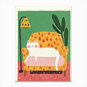 White Cat On The Sofa Colorful Canvas Print