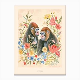 Folksy Floral Animal Drawing Gorilla 3 Poster Canvas Print
