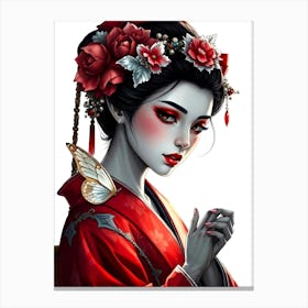 Geisha With Butterfly - Red Illustration Canvas Print