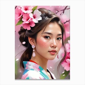 Asian Girl With Cherry Blossoms 1 Canvas Print