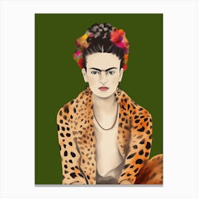 Frida Kahlo Leopard Print, Grün, Minimalistic Kreativ Art Canvas Print