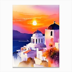 Santorini Greece Water Colour Sunset Canvas Print